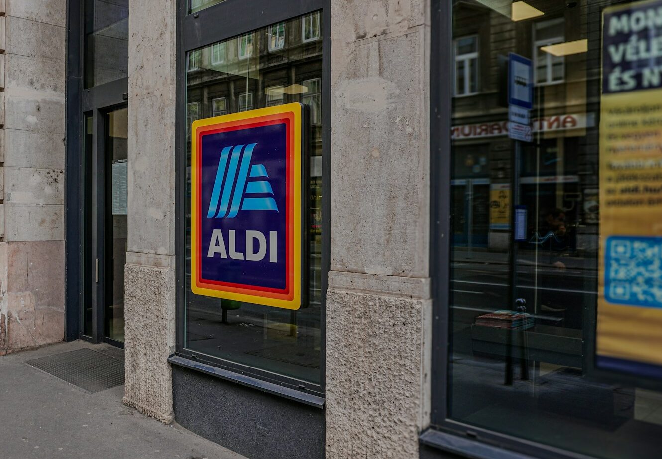 a store front with a large ad on it