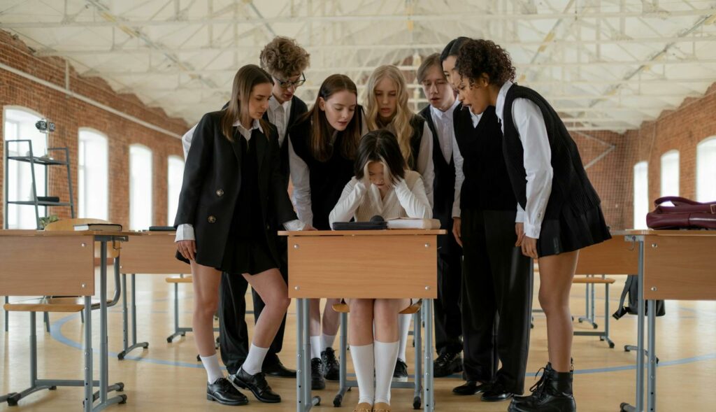 A diverse group of students surrounds a lone student in a modern classroom setting.